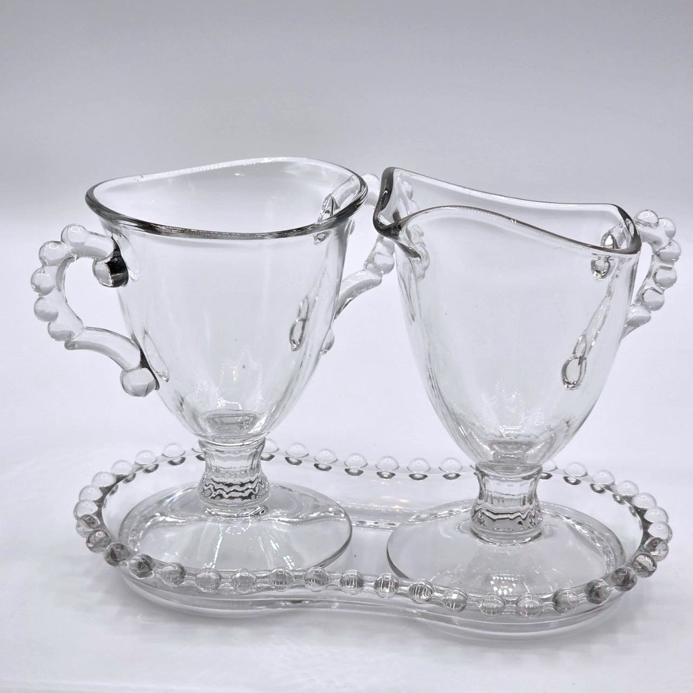 Vintage Imperial Glass Candlewick Creamer Sugar Bowl and Underplate Set 3pc